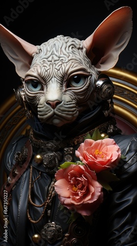 A statue of a cat wearing a leather jacket Sphynx cat character.