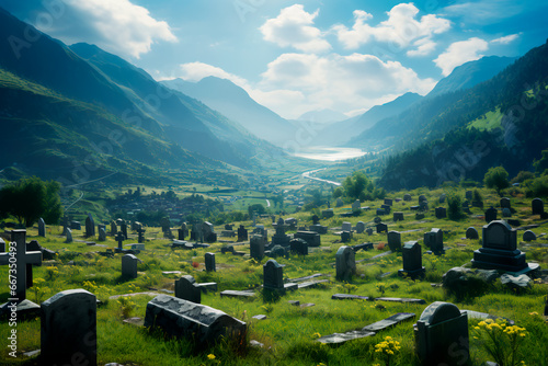 Old cemetery in the mountains, Spring cemetery with graves, Autumn cemetery, Nostalgic atmosphere