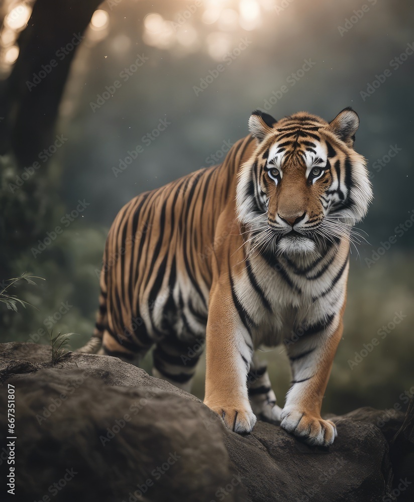 Obraz premium tiger wallpaper, in the style of graphite realism, mist, realistic, wimmelbilder, ivory, dynamic pose
