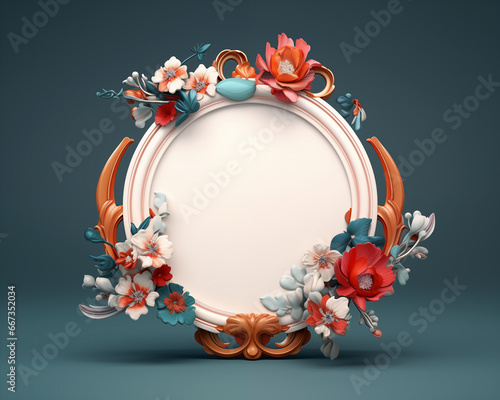Teal and porcelain baroque style circle frame with red flowers and leaves soft light empty background