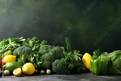 Background of healthy green vegetarian food on a stone table. Generative AI photo