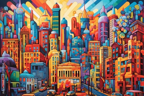 Vibrant cityscape with diverse buildings, lively downtown, and artistic skyline. Generative AI