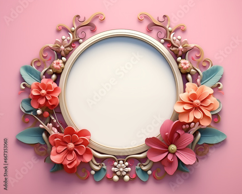 Baroque style circle frame surrended with flowers and leaves soft light with empty background