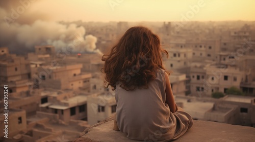 Young middle eastern girl looking on in silent shock at the devastation and suffering military conflict brings. Fictional city in ruin and buildings destroyed from missile strikes with rising smoke.