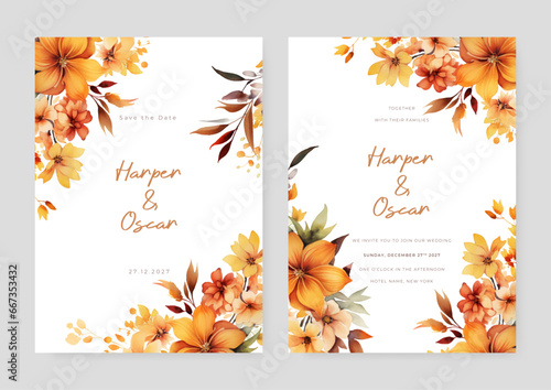 Yellow and orange frangipani modern wedding invitation template with floral and flower