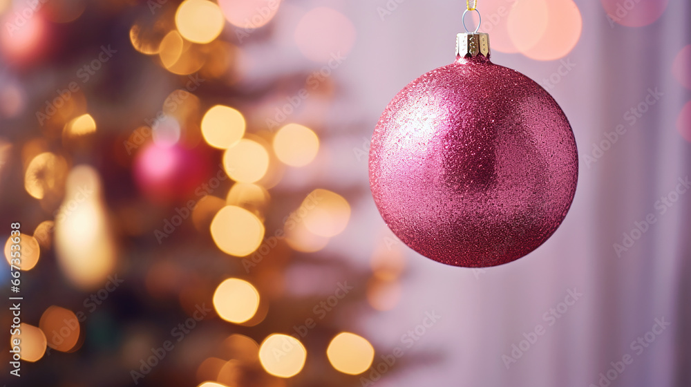 pink ornament with a Christmas tree, bokeh pink ornament with a Christmas tree, bokeh