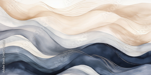 Abstract wavy blue watercolor texture. Navy, tan, and white water wave background illustration. Nautical ocean wave beach travel backdrop. Watercolor paint wavy water painting texture with modern line