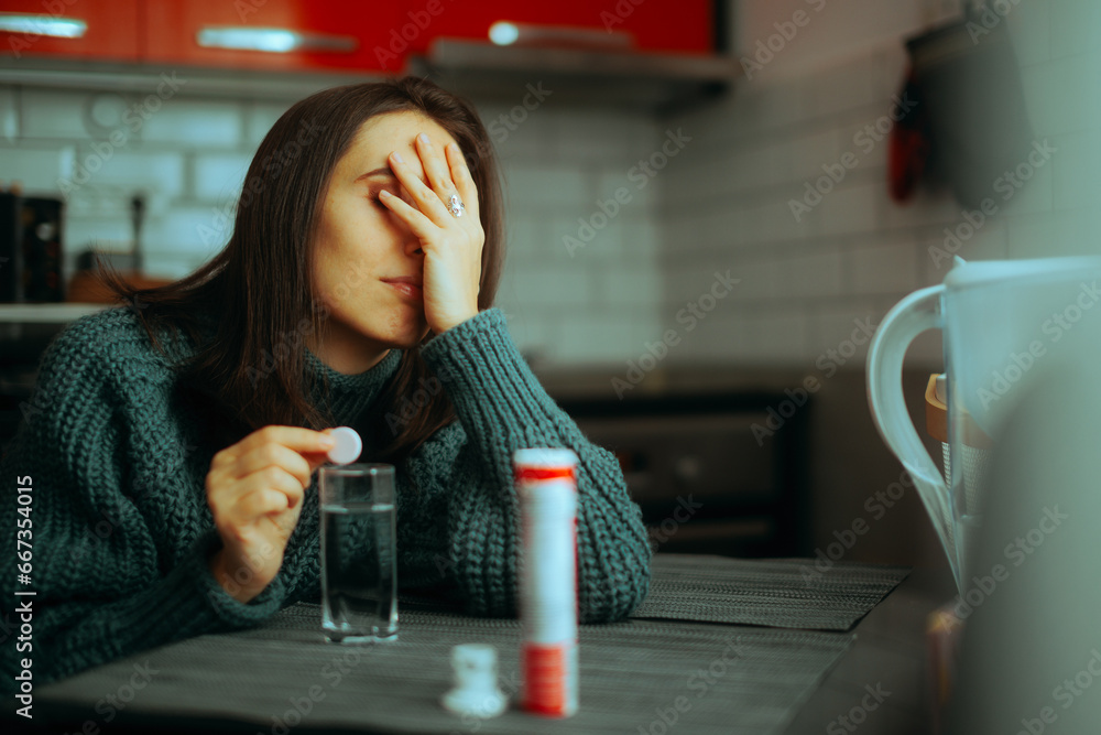 Foto de Sick Woman Taking an Effervescent Multi Vitamins Pill. Girl