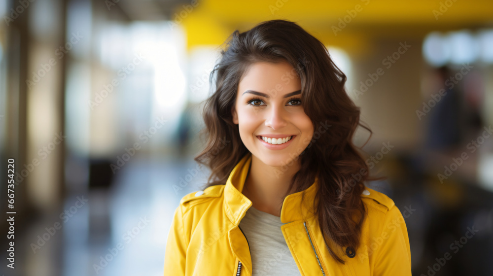 smiling business woman with modern yellow outfit, office, business woman smiling business woman with modern yellow outfit, office, business woman