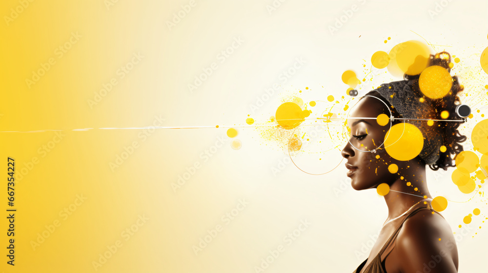 abstract background with a black woman on a white and yellow background - obrazy, fototapety, plakaty 