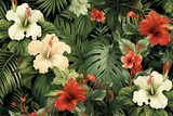 Exotic tropical design featuring hibiscus flowers and lush vegetation. Generative AI