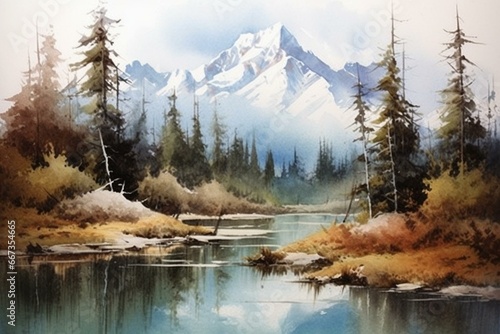 Scenic artwork of lofty peaks and a serene lake. Watercolor painting embraces white borders. Generative AI