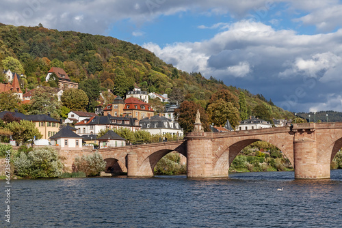 Alte Brücke über den Neckar bei Heidelberg, mit mit Villen am Hang des Heiligenbergs im östlichsten Teil des Stadtteils Neuenheim, Baden-Württemberg, Deutschland