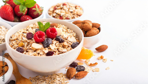 Muesli bowl, organic ingredients for healthy breakfast Granola, nuts, dried fruits, oatmeal, whole grain flakes on white background. Copy space