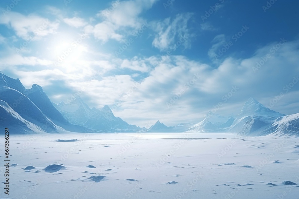 Snowy desert landscape on a frozen planet with mountains. A fantastical and cold scene. Generative AI