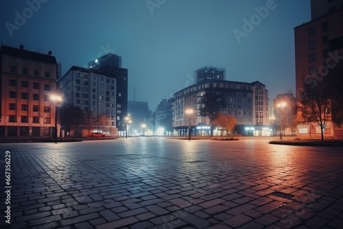 Cityscape at night with a square. Generative AI