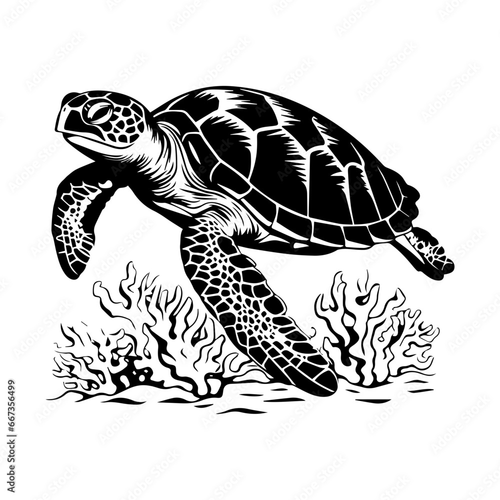 sea turtle with coral reefs and seaweeds vector,Black and white hand-drawn graphics translated into vector illustration, ai generated. sea turtle with coral reefs and seaweeds vector,Black and white hand-drawn graphics translated into vector illustration, ai generated.