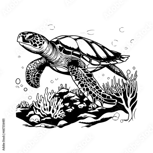 sea turtle with coral reefs and seaweeds vector,Black and white hand-drawn graphics translated into vector illustration, ai generated.