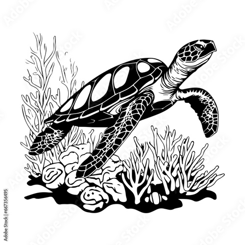 sea turtle with coral reefs and seaweeds vector,Black and white hand-drawn graphics translated into vector illustration, ai generated.