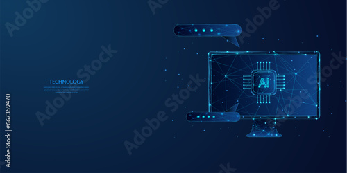Abstract computer with artificial intelligence system on computer and speech bar on dark blue background. Low poly wireframe style technology background.