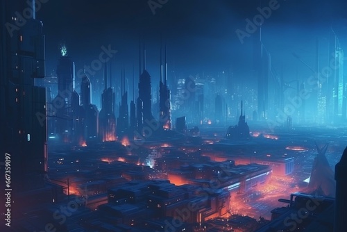 Futuristic cyberpunk cityscape with industrial landscape, blue haze, night scene, and neon lighting. Generative AI