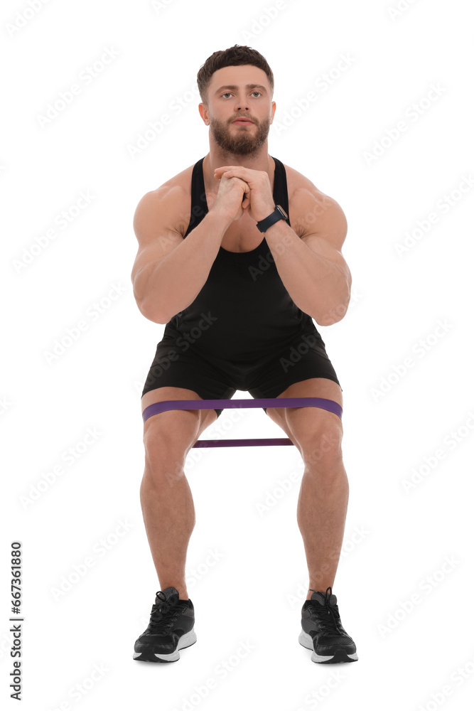 Young man exercising with elastic resistance band on white background Young man exercising with elastic resistance band on white background