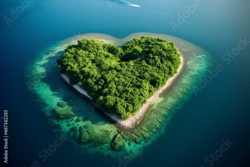Island shaped like heart in blue-green sea. Generative AI
