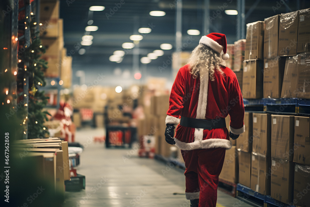 Naklejka premium santa gift box, christmas parcels, Warehouse Worker Santa, distribution warehouse, Shipping center postal, parcel logistics shipping, preparing working warehouse, Cardboard boxes, Online shopping