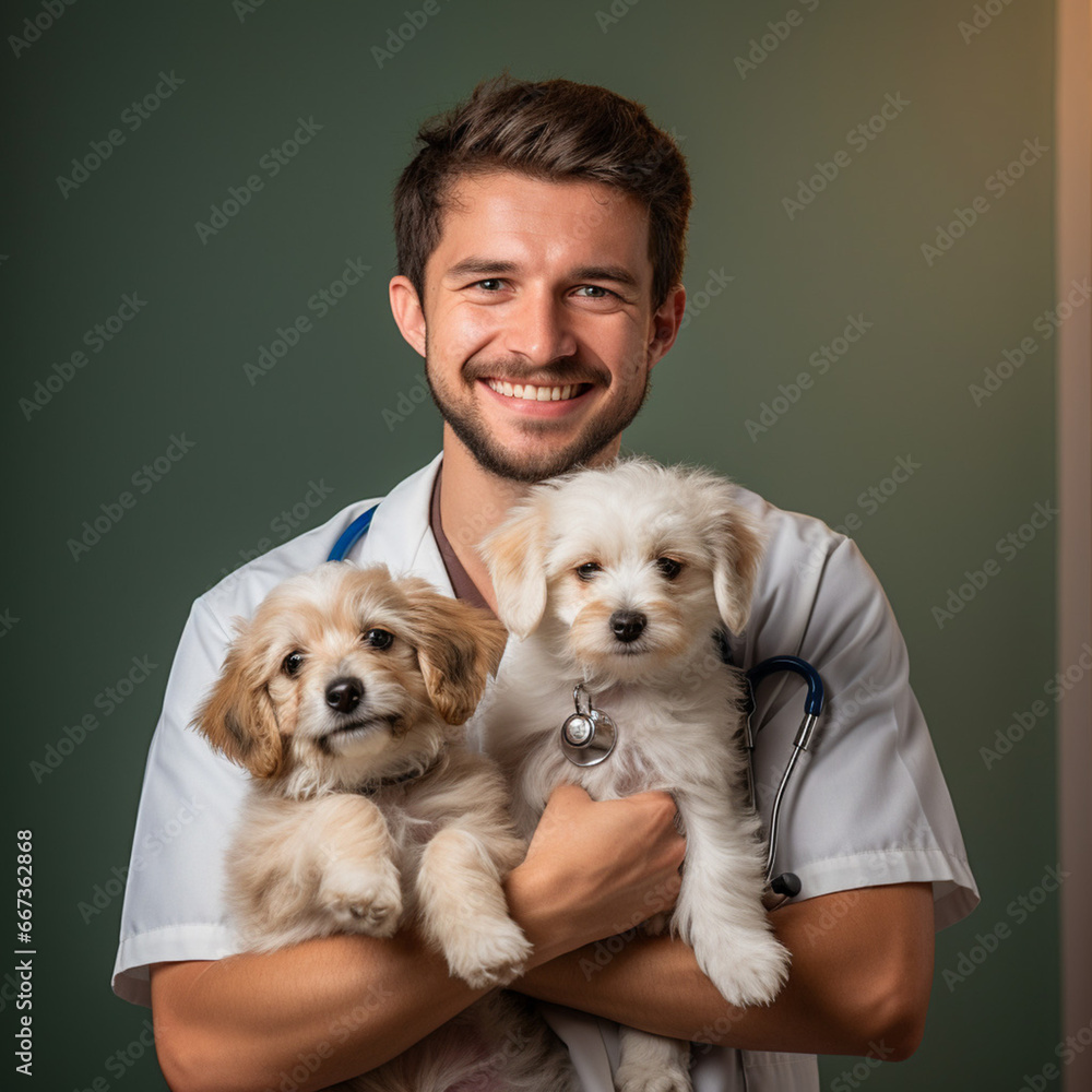 A 35-year-old male veterinarian holds some puppies that he treats with gentleness A 35-year-old male veterinarian holds some puppies that he treats with gentleness