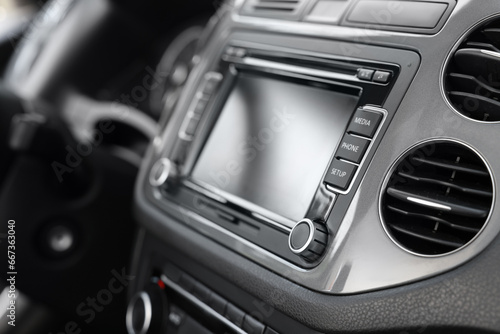 Closeup view of dashboard with vehicle audio in car