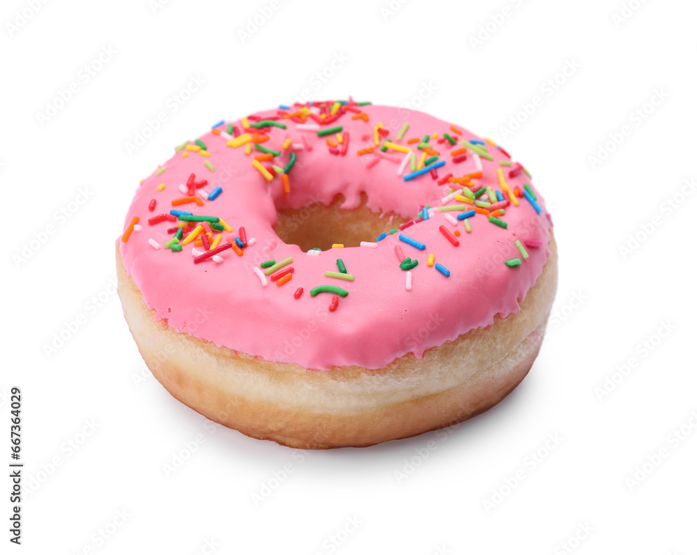 Glazed donut decorated with sprinkles isolated on white. Tasty confectionery Glazed donut decorated with sprinkles isolated on white. Tasty confectionery