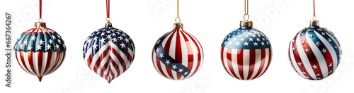 Set of Beautifully Decorative Red, White and Blue American Themed Christmas Tree Ornaments Isolated. Generative AI. Transparent PNG.