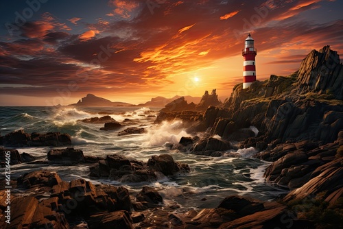 illustration of a lighthouse on a promontory at sundown, sea in background