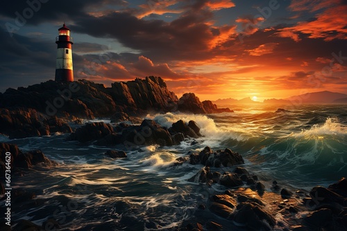 illustration of a lighthouse on a promontory at sunset