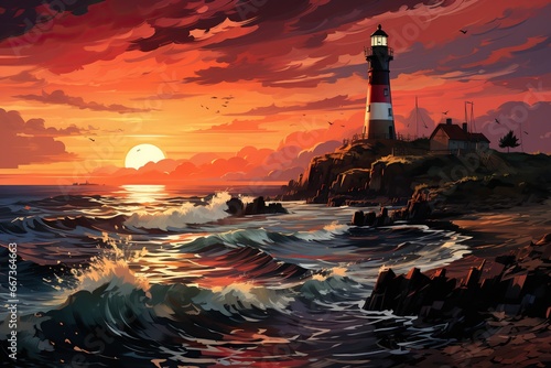 illustration of a lighthouse on a promontory at sundown, sea in background