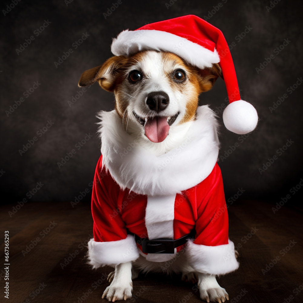 Adorable Jack Russell Terrier, dressed as Santa Claus