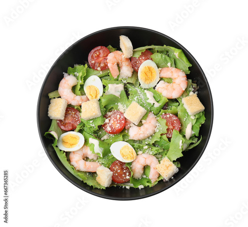 Delicious Caesar salad with shrimps isolated on white, top view