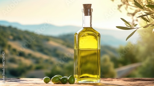 Olive oil in a glass bottle on a wooden table with olive trees under the morning sun. green olives. raw materials for olive oil. view of the garden with olive trees.
