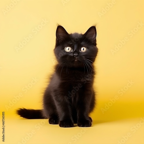 Small and young black cat on a yellow background