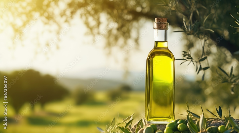 Olive oil in a glass bottle on a wooden table with olive trees under the morning sun. green olives. raw materials for olive oil. view of the garden with olive trees. - obrazy, fototapety, plakaty 