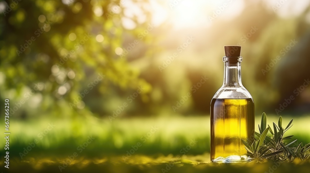 Olive oil in a glass bottle on a wooden table with olive trees under the morning sun. green olives. raw materials for olive oil. view of the garden with olive trees. Olive oil in a glass bottle on a wooden table with olive trees under the morning sun. green olives. raw materials for olive oil. view of the garden with olive trees.