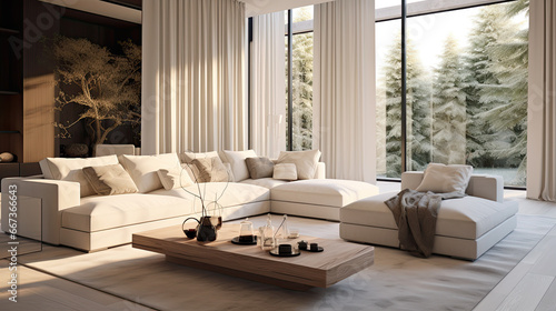 Cozy modern luxurious interior design of a living room with a white fluffy poliform sofa, tall ceiling, off-white cream colored textiles © Ziyan Yang