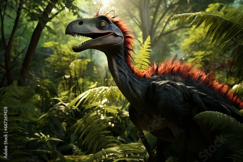 A featherless deinonychus dinosaur in a lush jungle. 3D rendering. Generative AI © Soraya