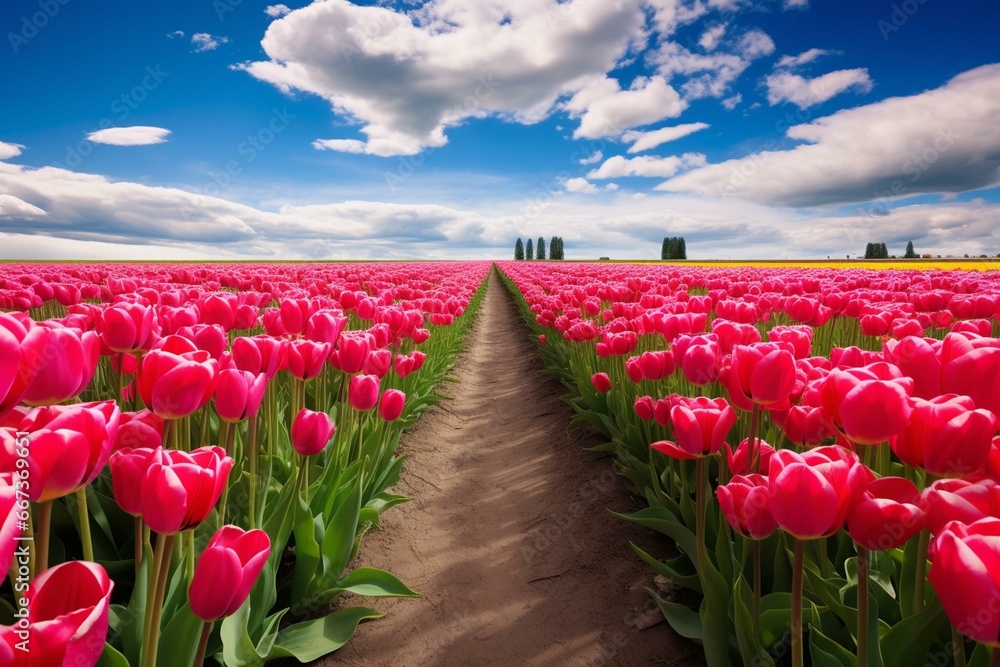 Scenic route amidst blooming tulips. Generative AI