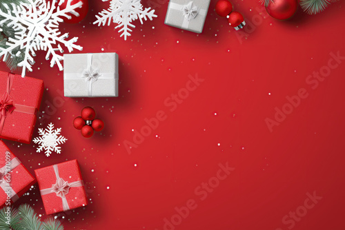 Christmas background with red gift boxes and snowflakes on a red background. 