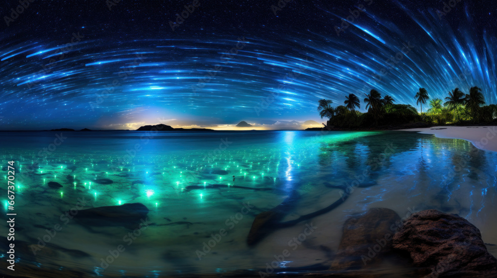 Beach at night with bioluminescent plankton