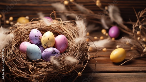 Multi-colored Easter eggs in a nest.