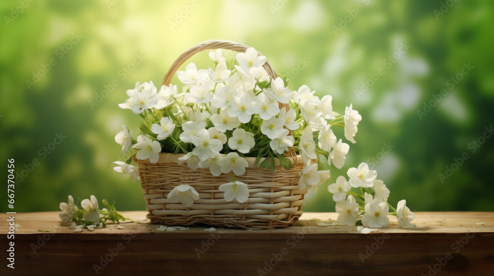 White flowers in wooden basket on green spring background