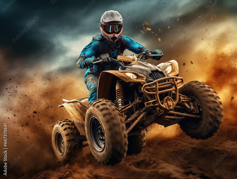 Extreme quad cross MX Rider riding on dirt track, forest one the background Extreme quad cross MX Rider riding on dirt track, forest one the background