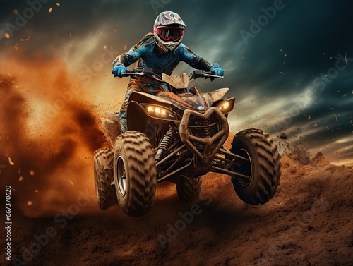 Extreme quad cross MX Rider riding on dirt track, forest one the background